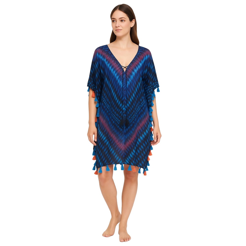 Miraclesuit Blue Print Boho Beach Vibrant Tassel Swim Tunic Cover-up Womens M